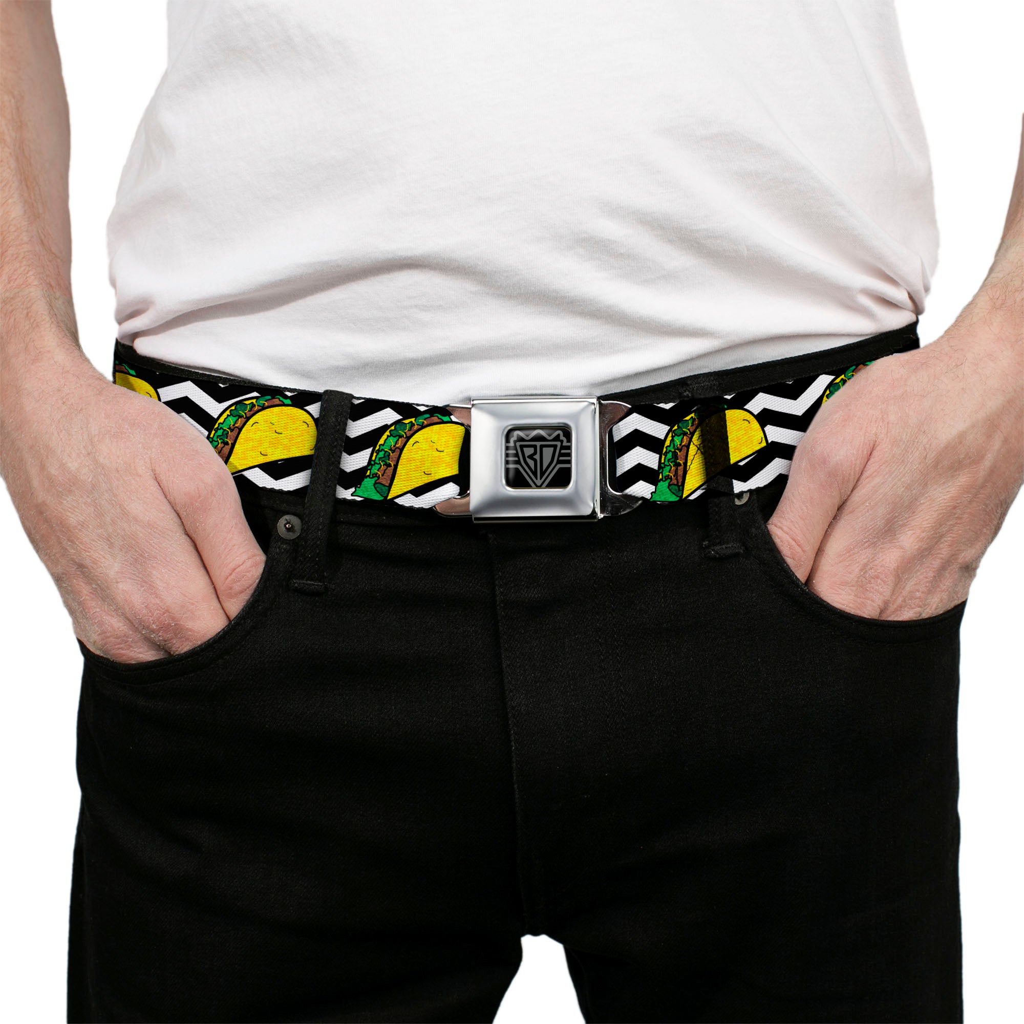 BD Wings Logo CLOSE-UP Full Color Black Silver Seatbelt Belt - Taco/Chevron Black/White Webbing Seatbelt Belts Buckle-Down