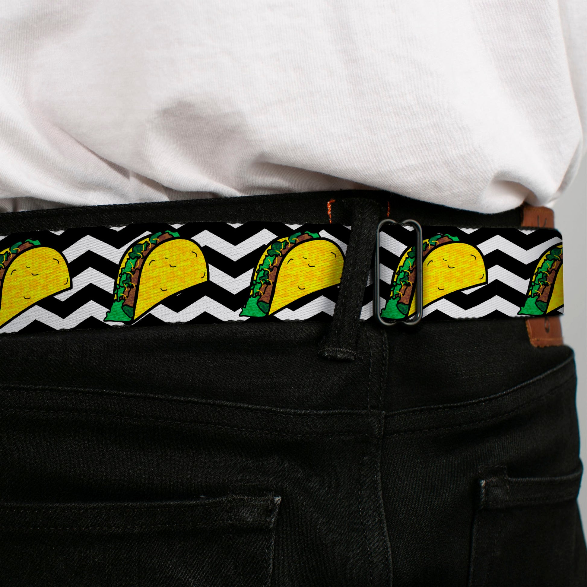 BD Wings Logo CLOSE-UP Full Color Black Silver Seatbelt Belt - Taco/Chevron Black/White Webbing Seatbelt Belts Buckle-Down