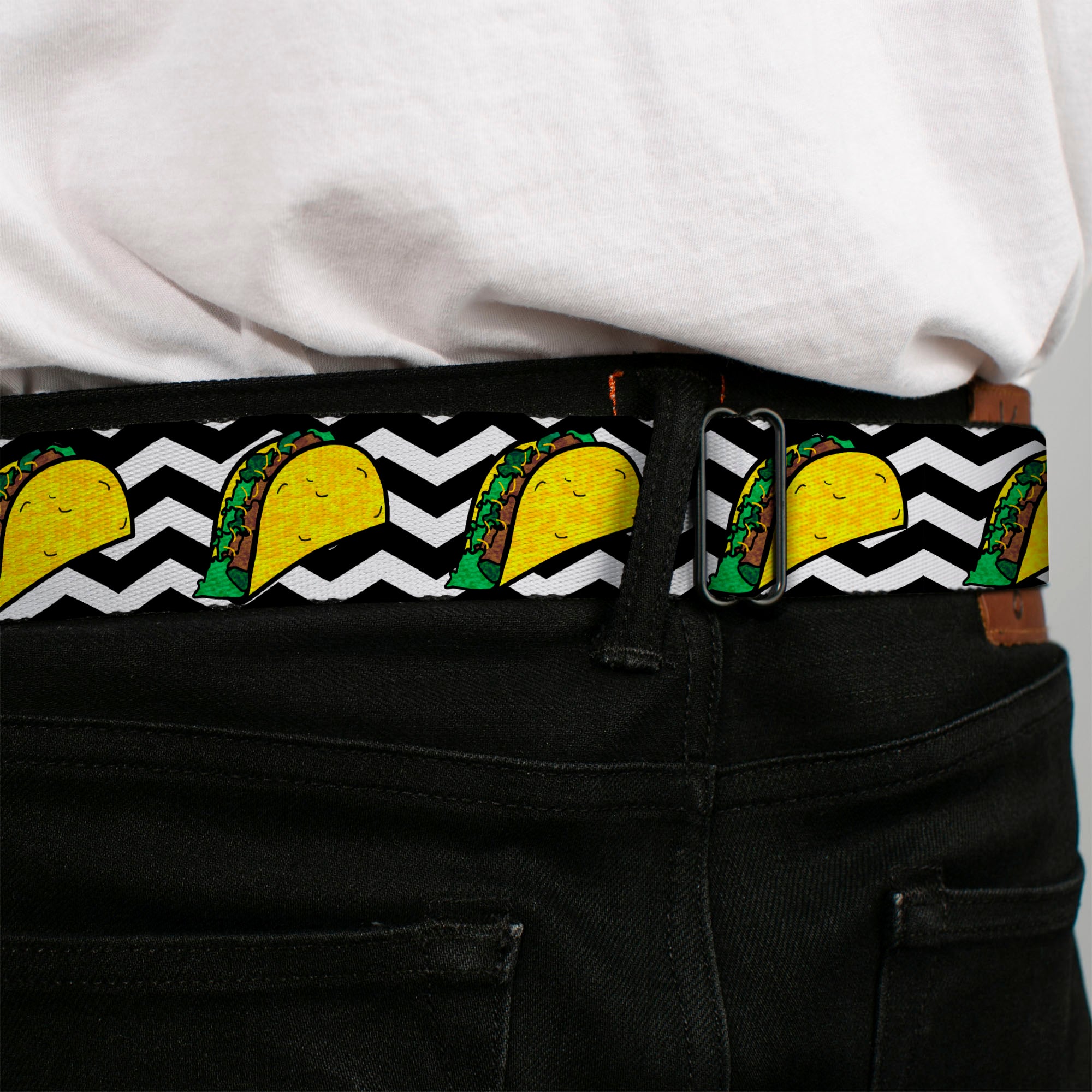 BD Wings Logo CLOSE-UP Full Color Black Silver Seatbelt Belt - Taco/Chevron Black/White Webbing Seatbelt Belts Buckle-Down