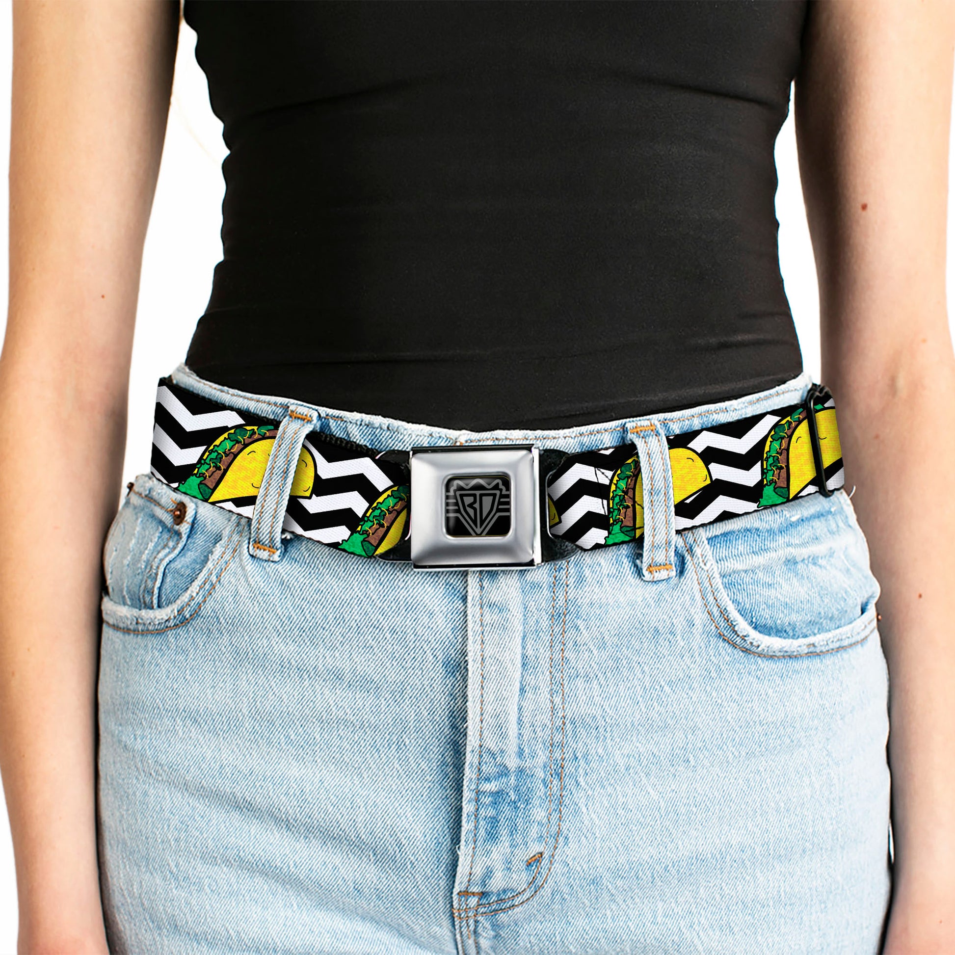 BD Wings Logo CLOSE-UP Full Color Black Silver Seatbelt Belt - Taco/Chevron Black/White Webbing Seatbelt Belts Buckle-Down