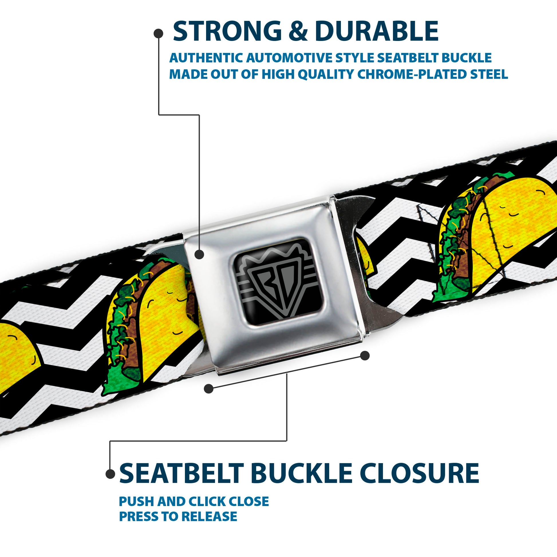 BD Wings Logo CLOSE-UP Full Color Black Silver Seatbelt Belt - Taco/Chevron Black/White Webbing Seatbelt Belts Buckle-Down