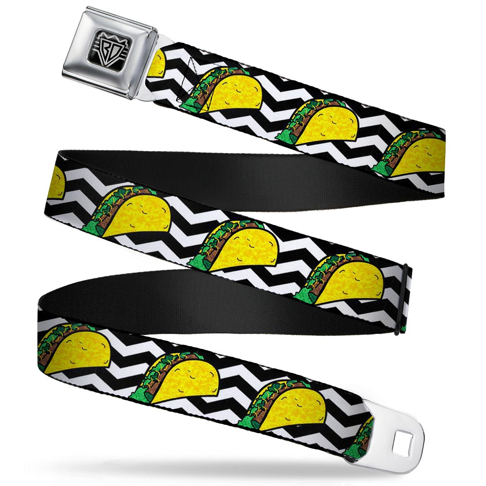 BD Wings Logo CLOSE-UP Full Color Black Silver Seatbelt Belt - Taco/Chevron Black/White Webbing Seatbelt Belts Buckle-Down