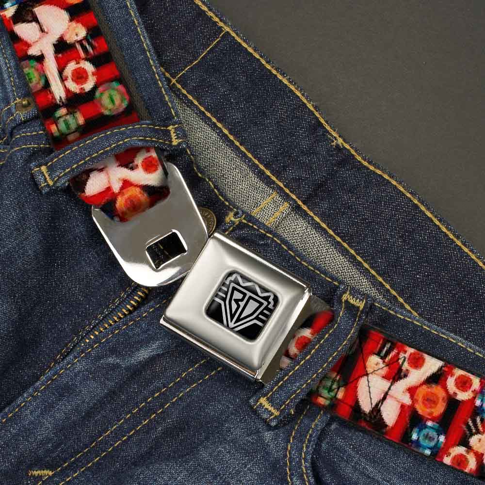 BD Wings Logo CLOSE-UP Full Color Black Silver Seatbelt Belt - Top Hat Pin Up Girl/Poker Chips Vertical Stripes Red/Black Webbing Seatbelt Belts Buckle-Down