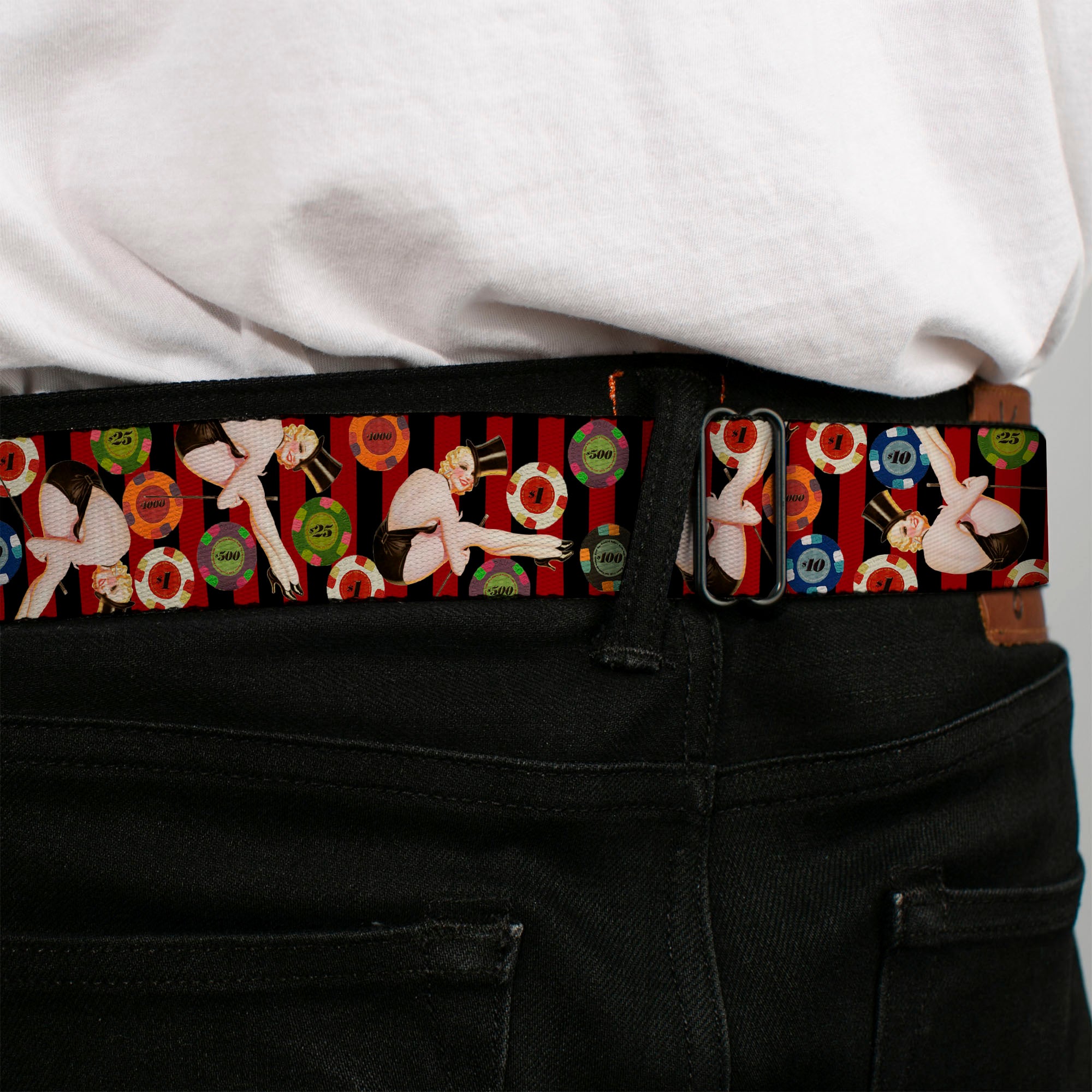 BD Wings Logo CLOSE-UP Full Color Black Silver Seatbelt Belt - Top Hat Pin Up Girl/Poker Chips Vertical Stripes Red/Black Webbing Seatbelt Belts Buckle-Down