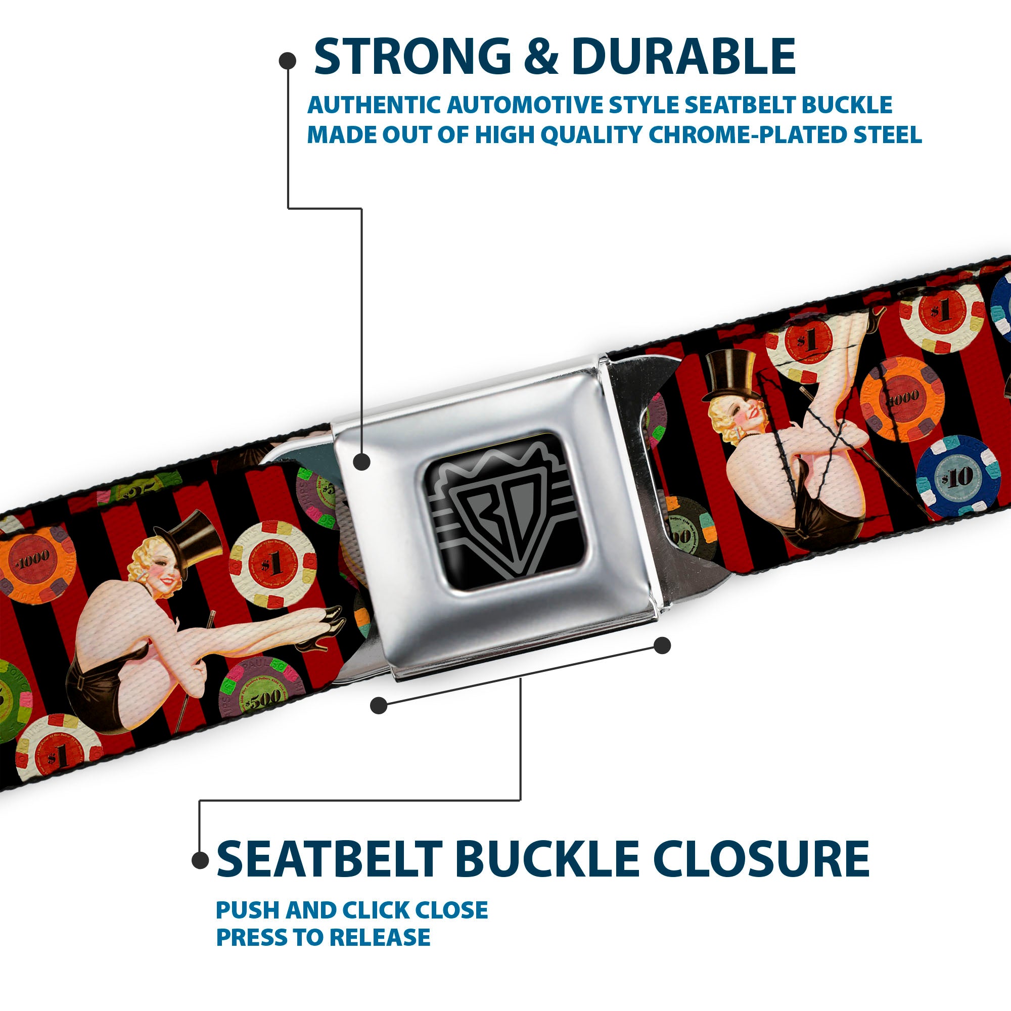 BD Wings Logo CLOSE-UP Full Color Black Silver Seatbelt Belt - Top Hat Pin Up Girl/Poker Chips Vertical Stripes Red/Black Webbing Seatbelt Belts Buckle-Down