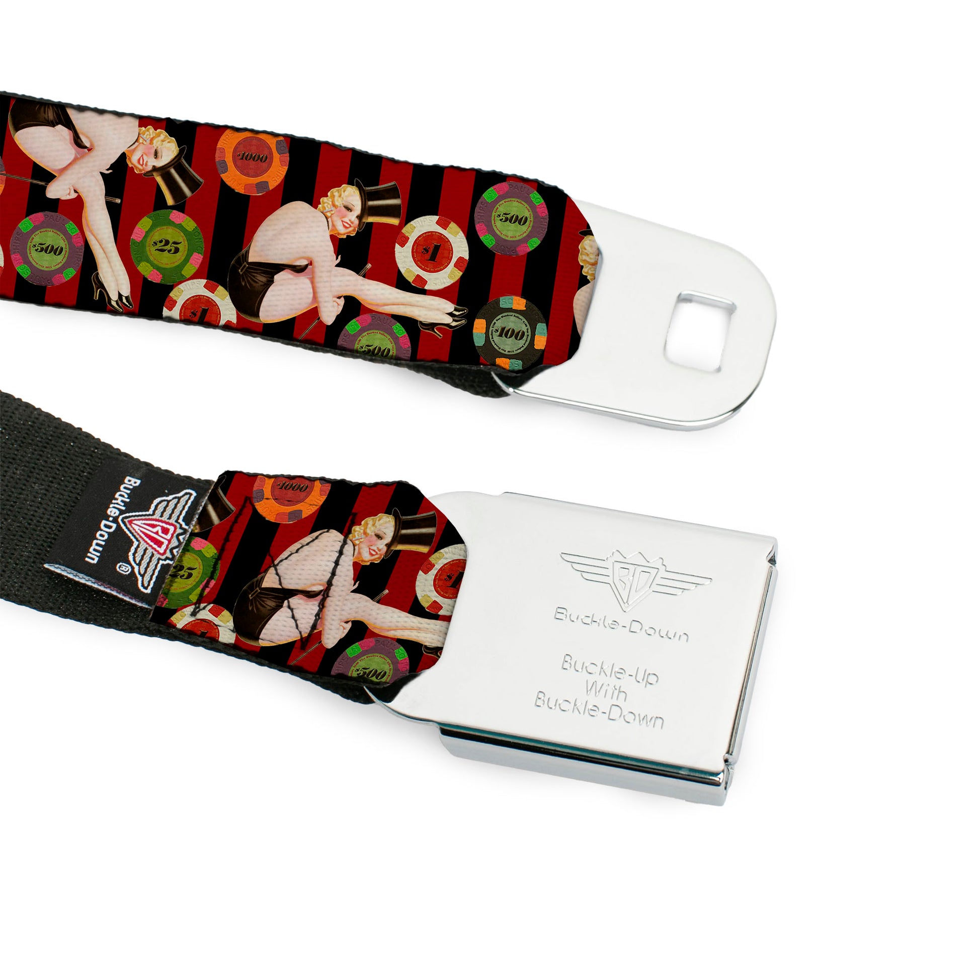 BD Wings Logo CLOSE-UP Full Color Black Silver Seatbelt Belt - Top Hat Pin Up Girl/Poker Chips Vertical Stripes Red/Black Webbing Seatbelt Belts Buckle-Down