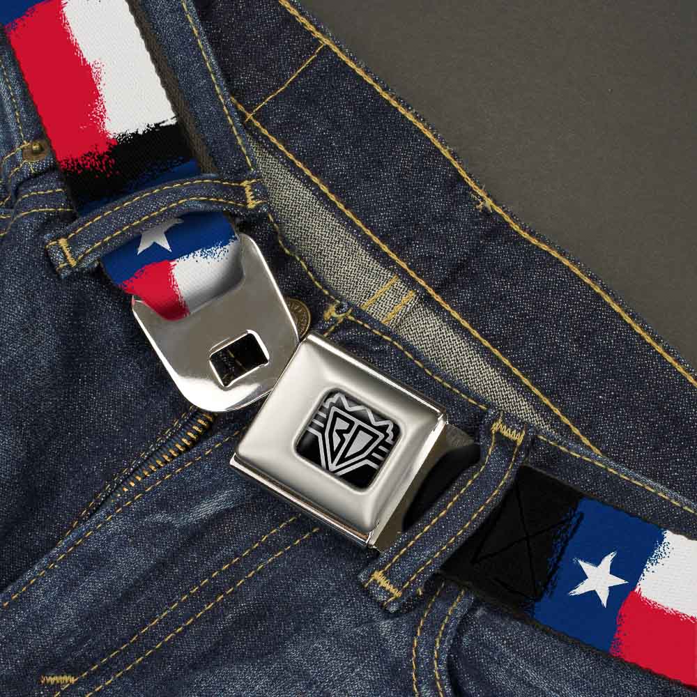 BD Wings Logo CLOSE-UP Full Color Black Silver Seatbelt Belt - Texas Flag Painting Webbing Seatbelt Belts Buckle-Down