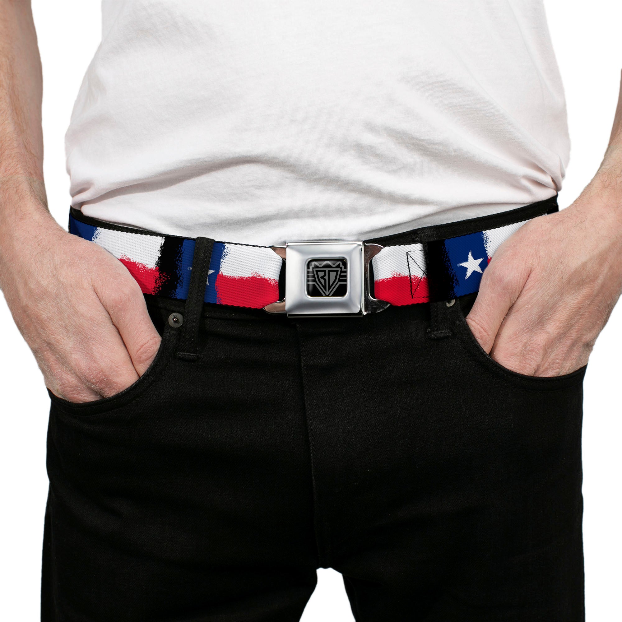BD Wings Logo CLOSE-UP Full Color Black Silver Seatbelt Belt - Texas Flag Painting Webbing Seatbelt Belts Buckle-Down