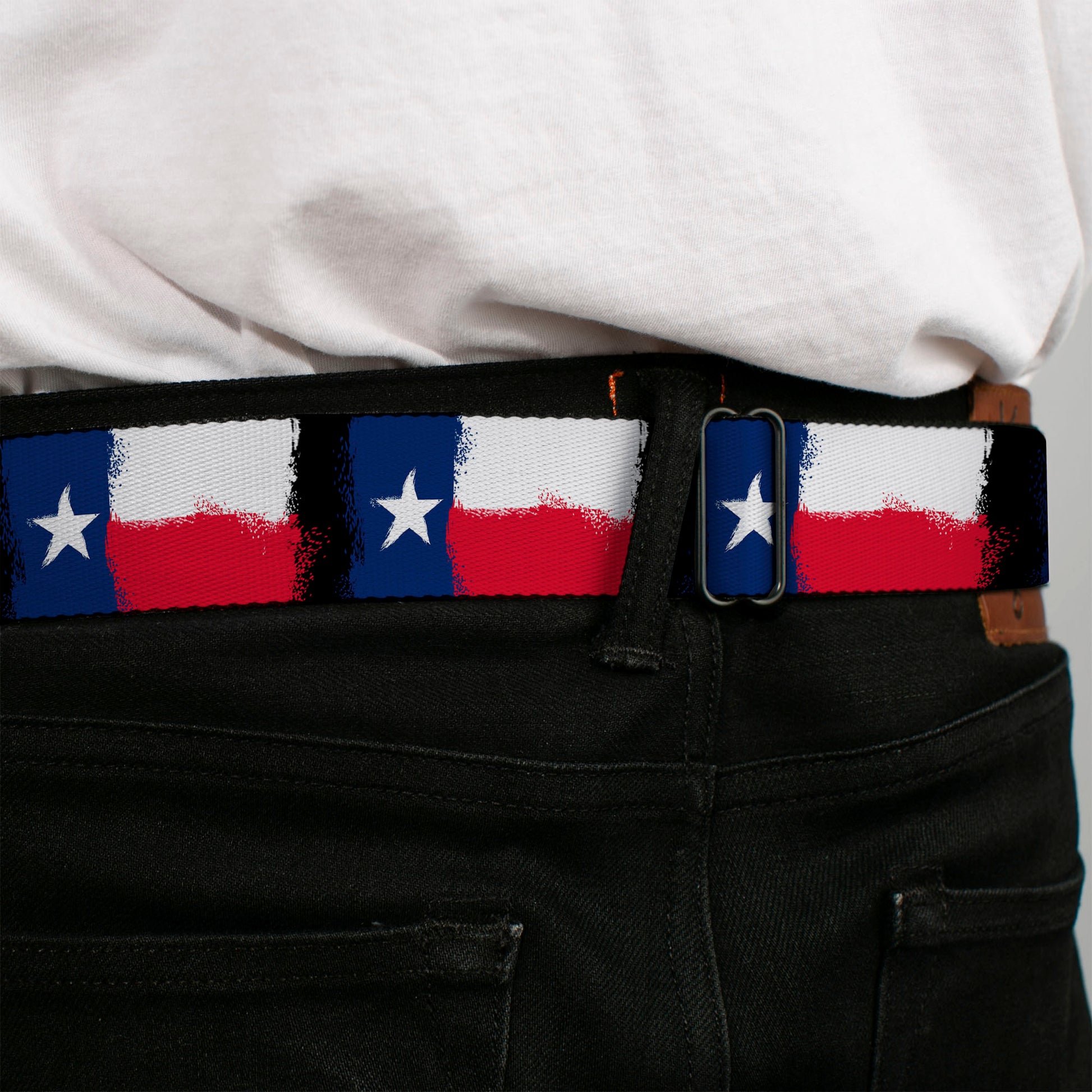 BD Wings Logo CLOSE-UP Full Color Black Silver Seatbelt Belt - Texas Flag Painting Webbing Seatbelt Belts Buckle-Down