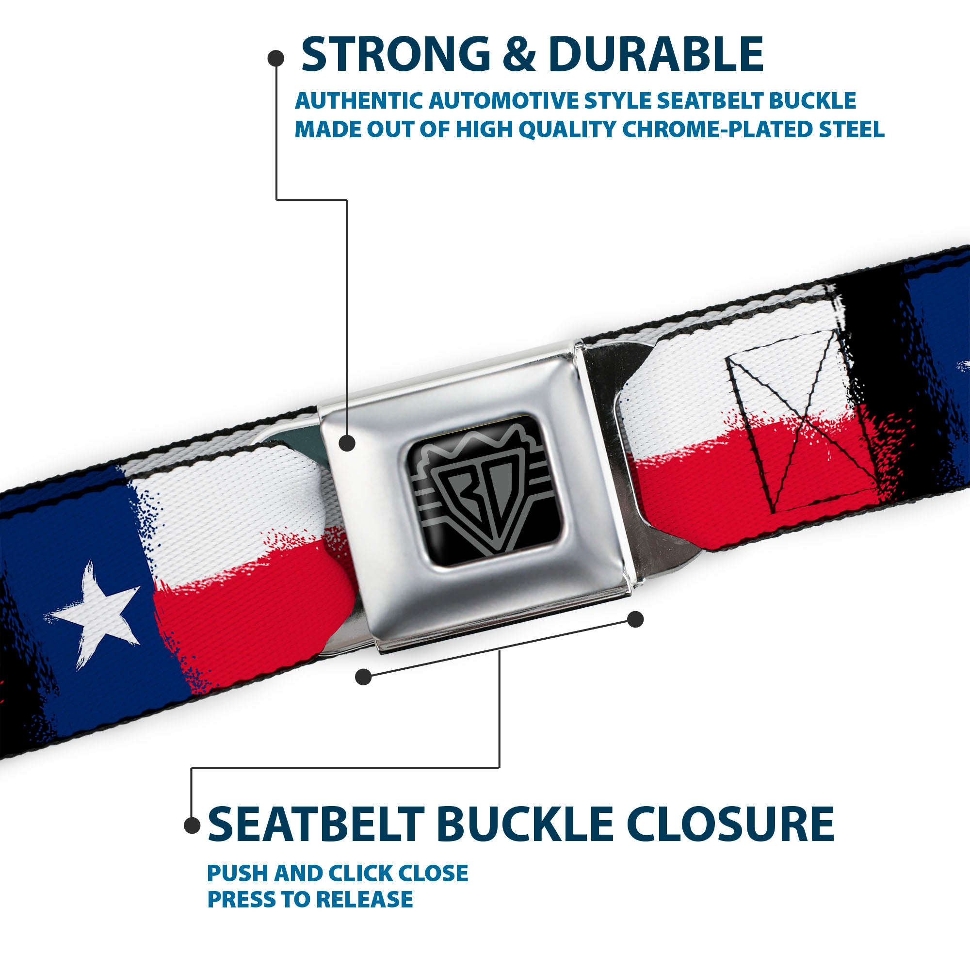 BD Wings Logo CLOSE-UP Full Color Black Silver Seatbelt Belt - Texas Flag Painting Webbing Seatbelt Belts Buckle-Down