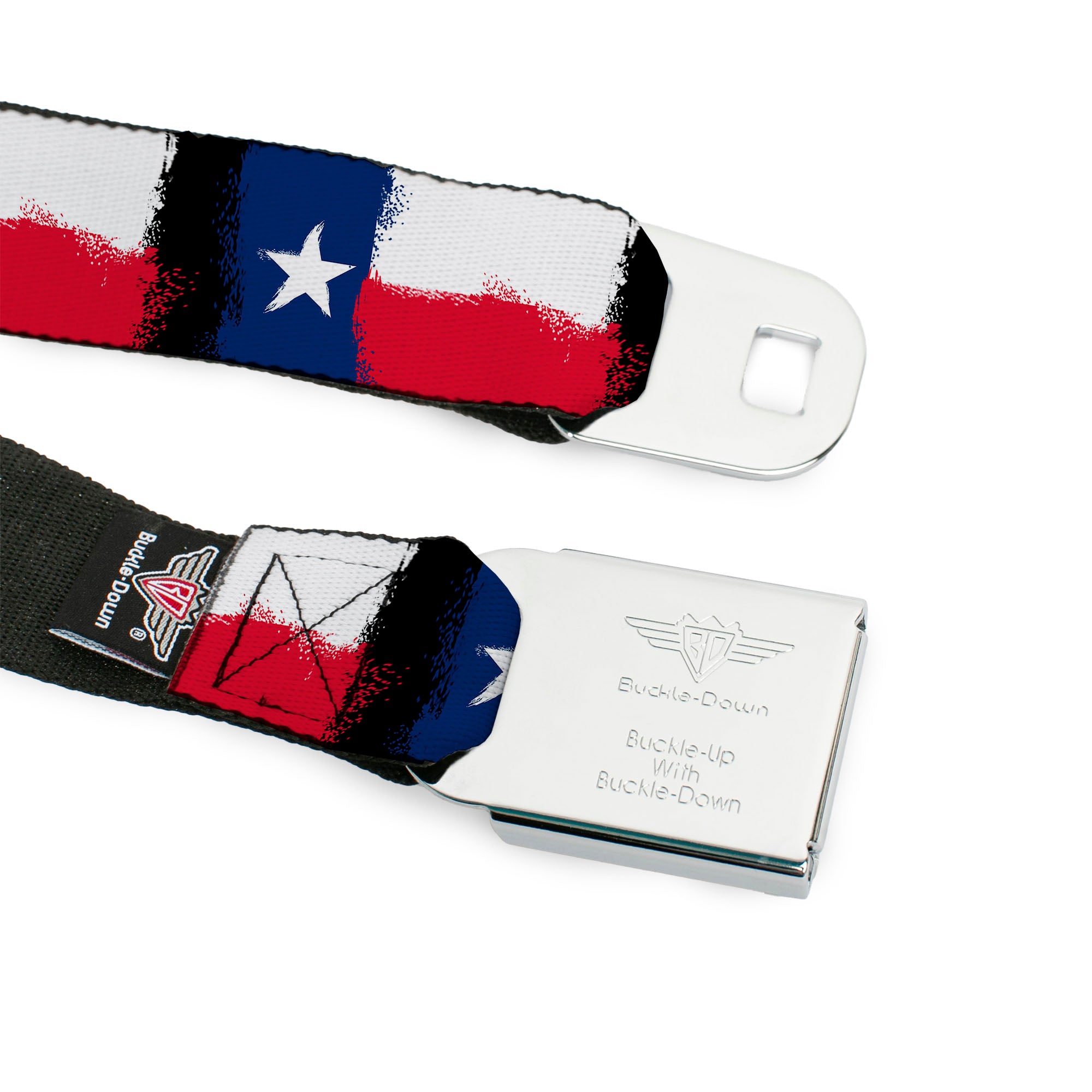 BD Wings Logo CLOSE-UP Full Color Black Silver Seatbelt Belt - Texas Flag Painting Webbing Seatbelt Belts Buckle-Down