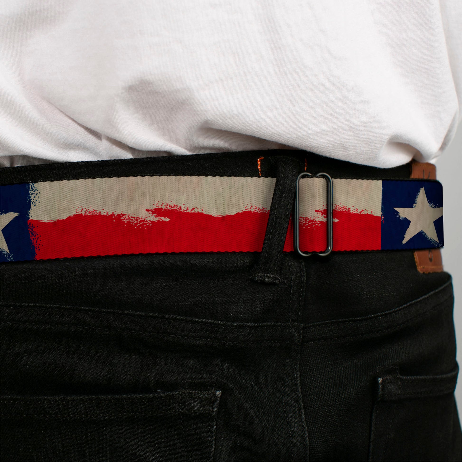 BD Wings Logo CLOSE-UP Full Color Black Silver Seatbelt Belt - Texas Flag CLOSE-UP Distressed Painting Webbing Seatbelt Belts Buckle-Down