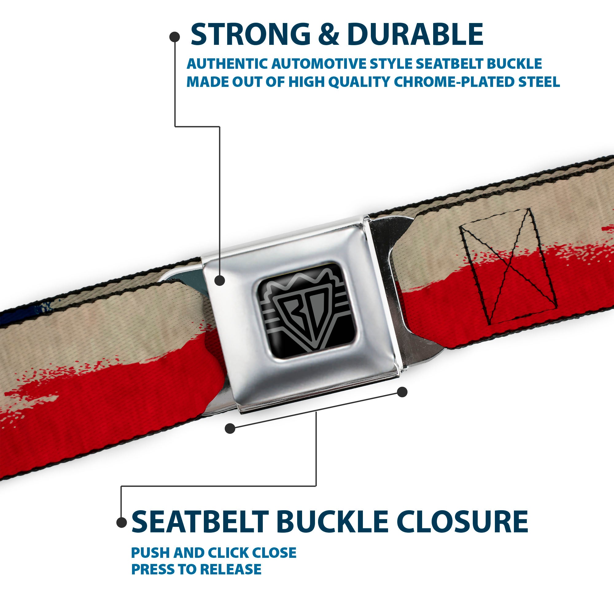 BD Wings Logo CLOSE-UP Full Color Black Silver Seatbelt Belt - Texas Flag CLOSE-UP Distressed Painting Webbing Seatbelt Belts Buckle-Down