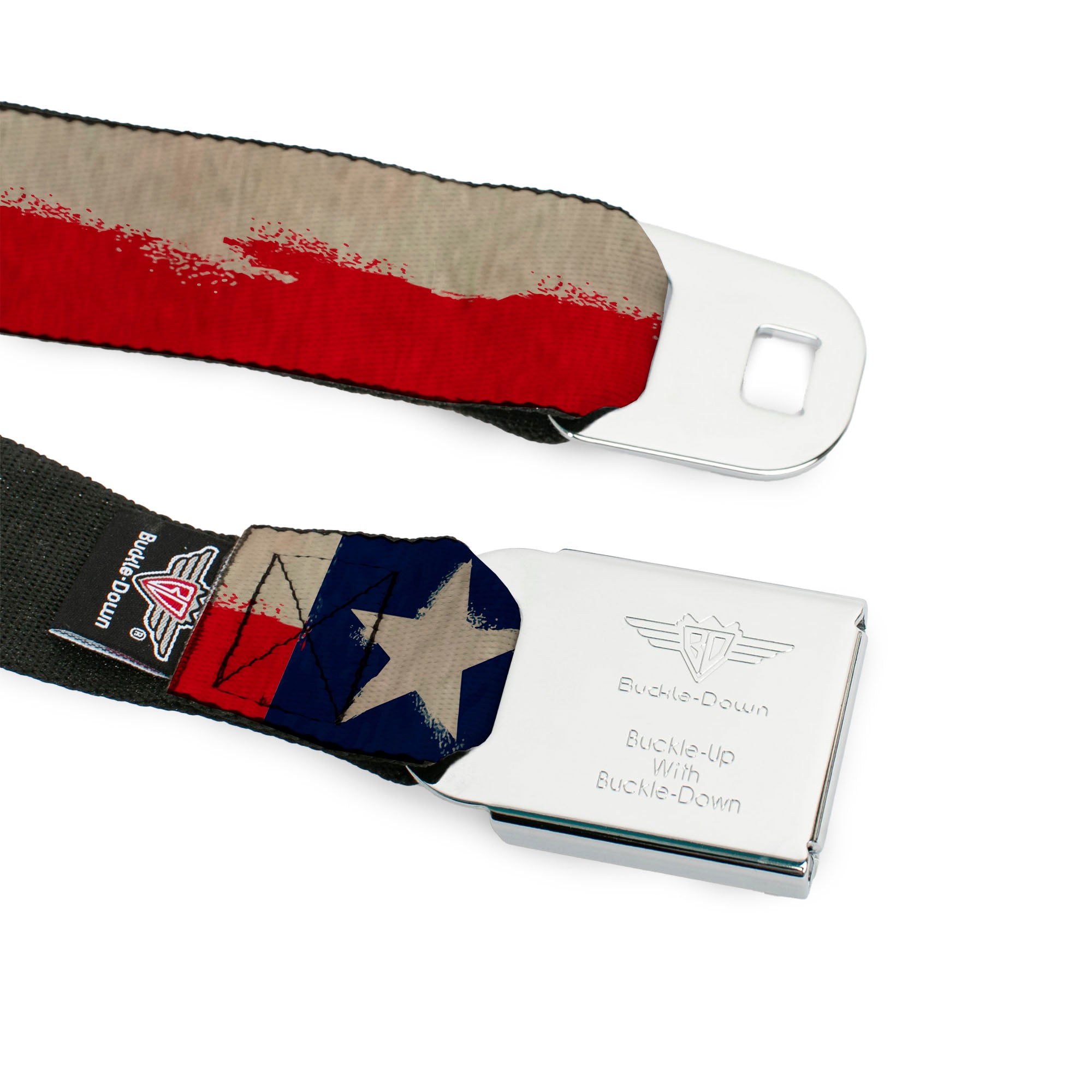 BD Wings Logo CLOSE-UP Full Color Black Silver Seatbelt Belt - Texas Flag CLOSE-UP Distressed Painting Webbing Seatbelt Belts Buckle-Down