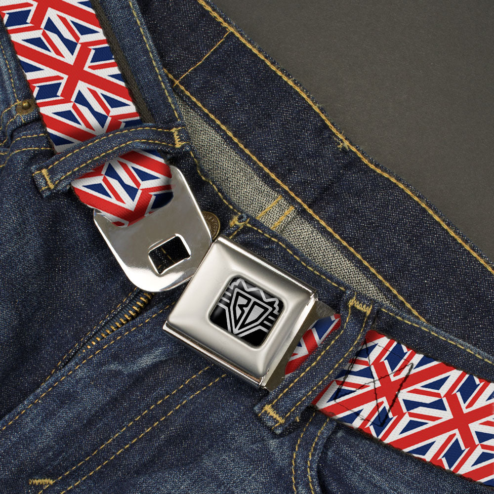 BD Wings Logo CLOSE-UP Full Color Black Silver Seatbelt Belt - United Kingdom Flags Diagonal Webbing Seatbelt Belts Buckle-Down