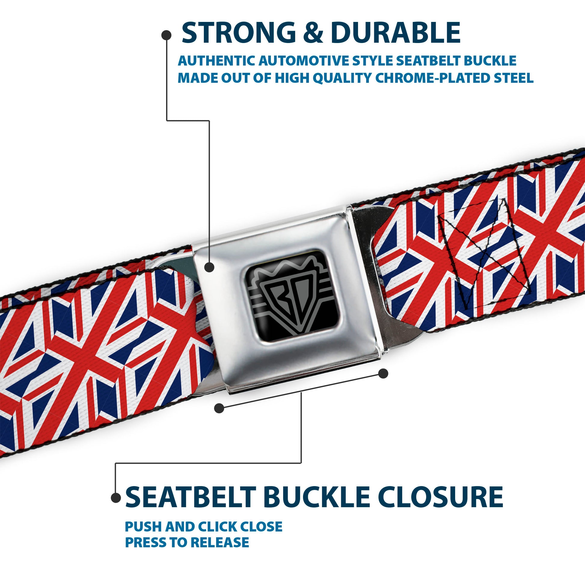 BD Wings Logo CLOSE-UP Full Color Black Silver Seatbelt Belt - United Kingdom Flags Diagonal Webbing Seatbelt Belts Buckle-Down