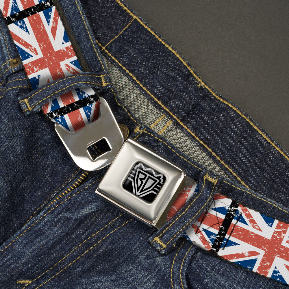 BD Wings Logo CLOSE-UP Full Color Black Silver Seatbelt Belt - United Kingdom Flags Weathered Webbing Seatbelt Belts Buckle-Down