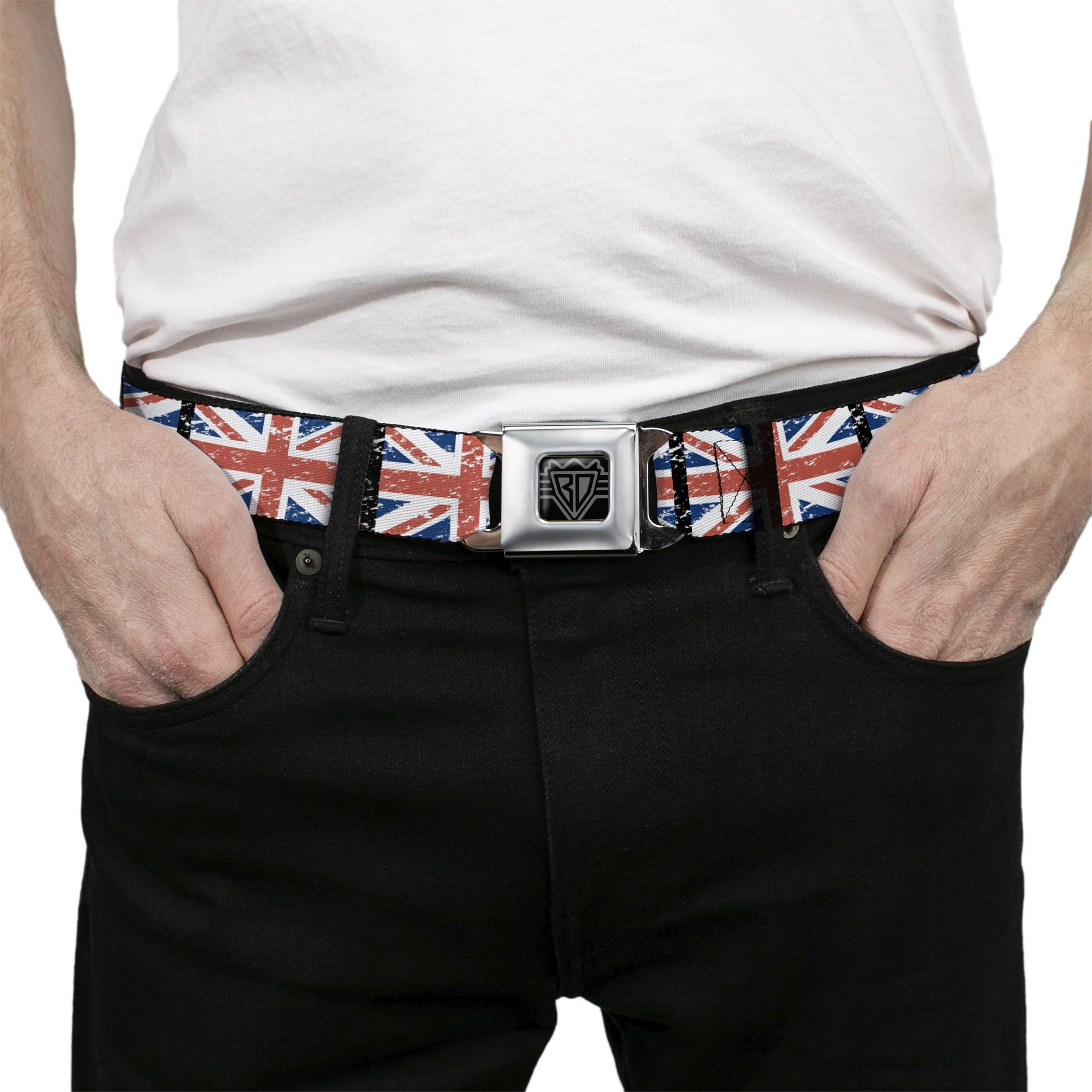 BD Wings Logo CLOSE-UP Full Color Black Silver Seatbelt Belt - United Kingdom Flags Weathered Webbing Seatbelt Belts Buckle-Down