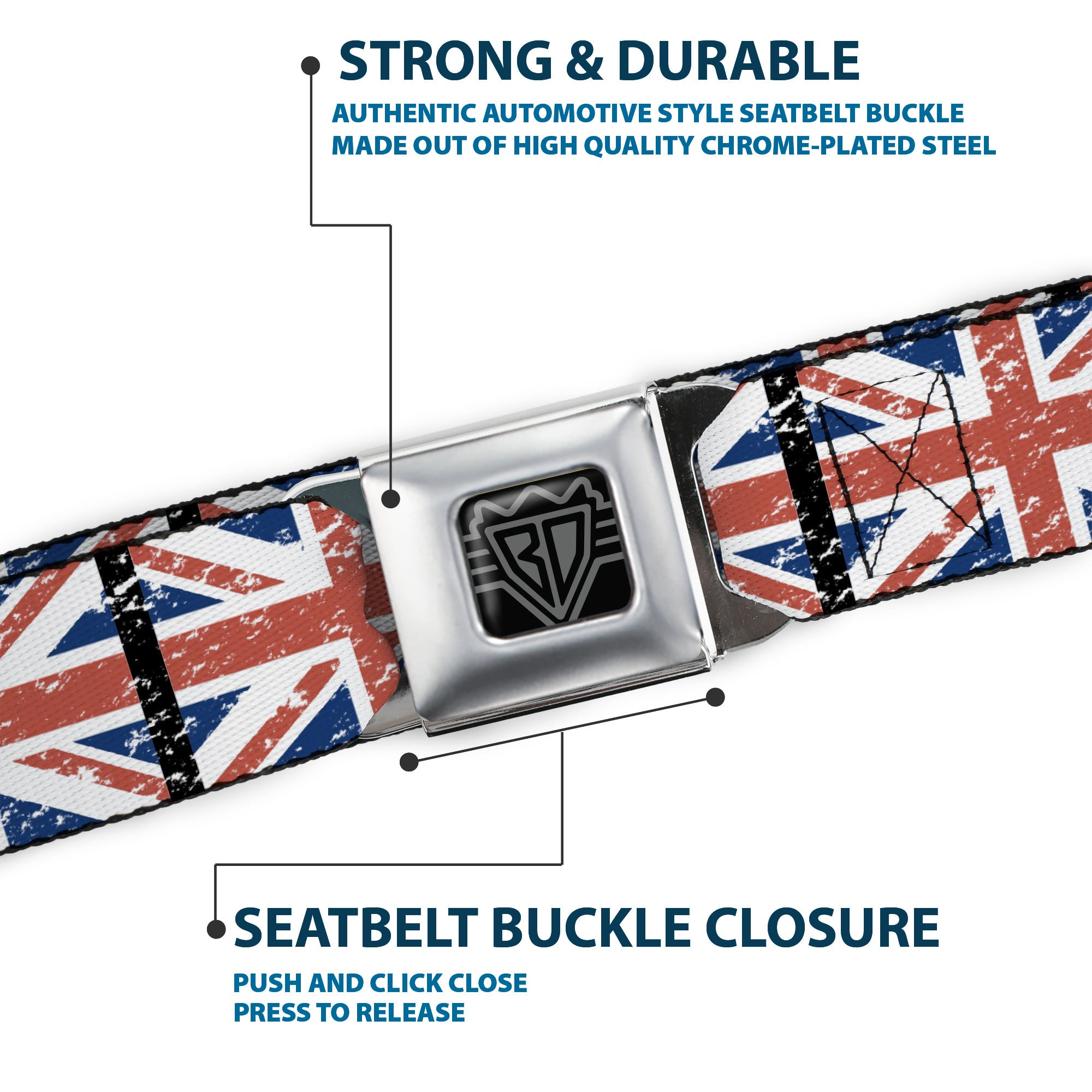 BD Wings Logo CLOSE-UP Full Color Black Silver Seatbelt Belt - United Kingdom Flags Weathered Webbing Seatbelt Belts Buckle-Down