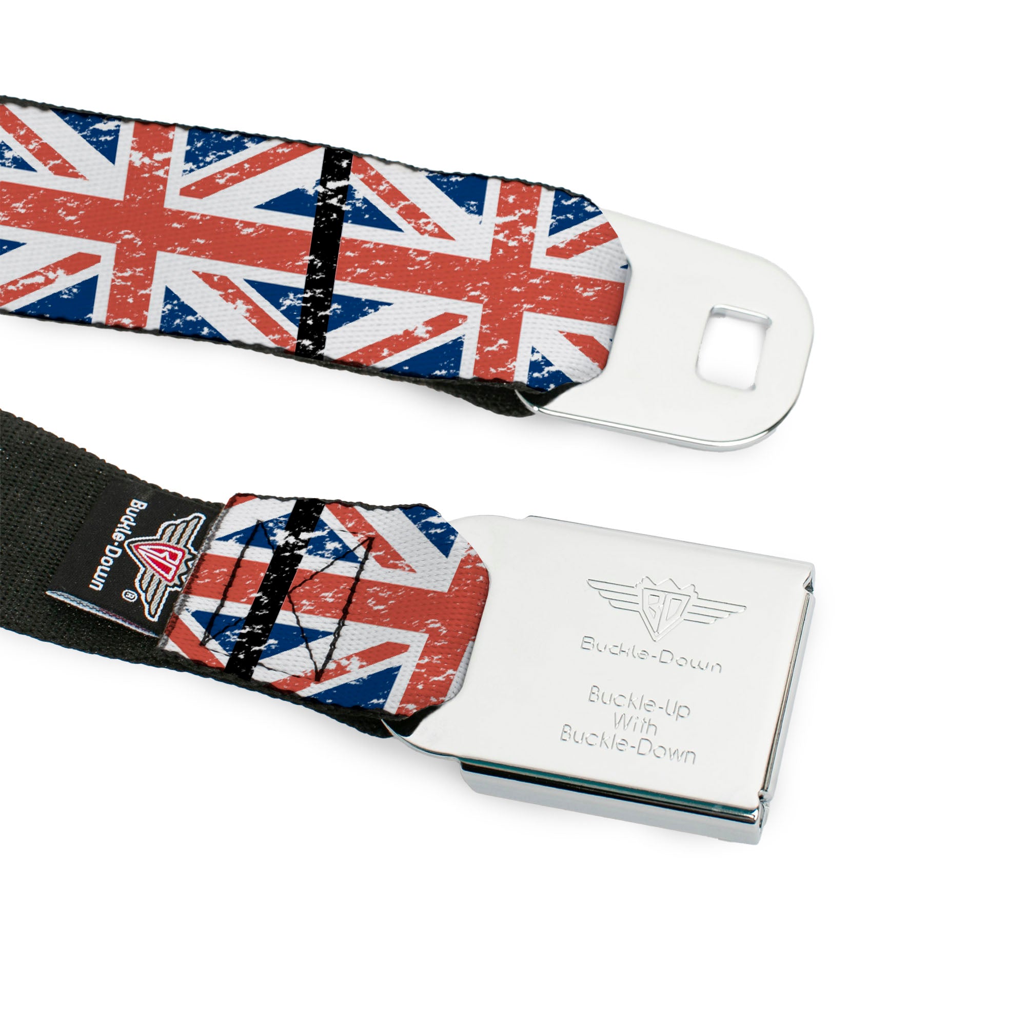 BD Wings Logo CLOSE-UP Full Color Black Silver Seatbelt Belt - United Kingdom Flags Weathered Webbing Seatbelt Belts Buckle-Down