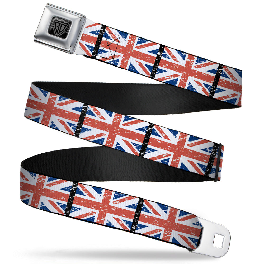 BD Wings Logo CLOSE-UP Full Color Black Silver Seatbelt Belt - United Kingdom Flags Weathered Webbing Seatbelt Belts Buckle-Down