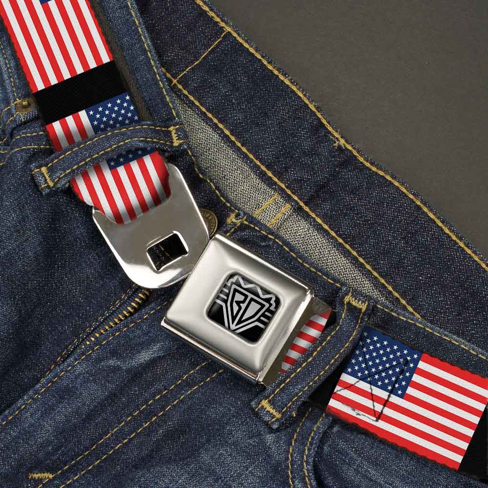 BD Wings Logo CLOSE-UP Full Color Black Silver Seatbelt Belt - United States Flags Webbing Seatbelt Belts Buckle-Down