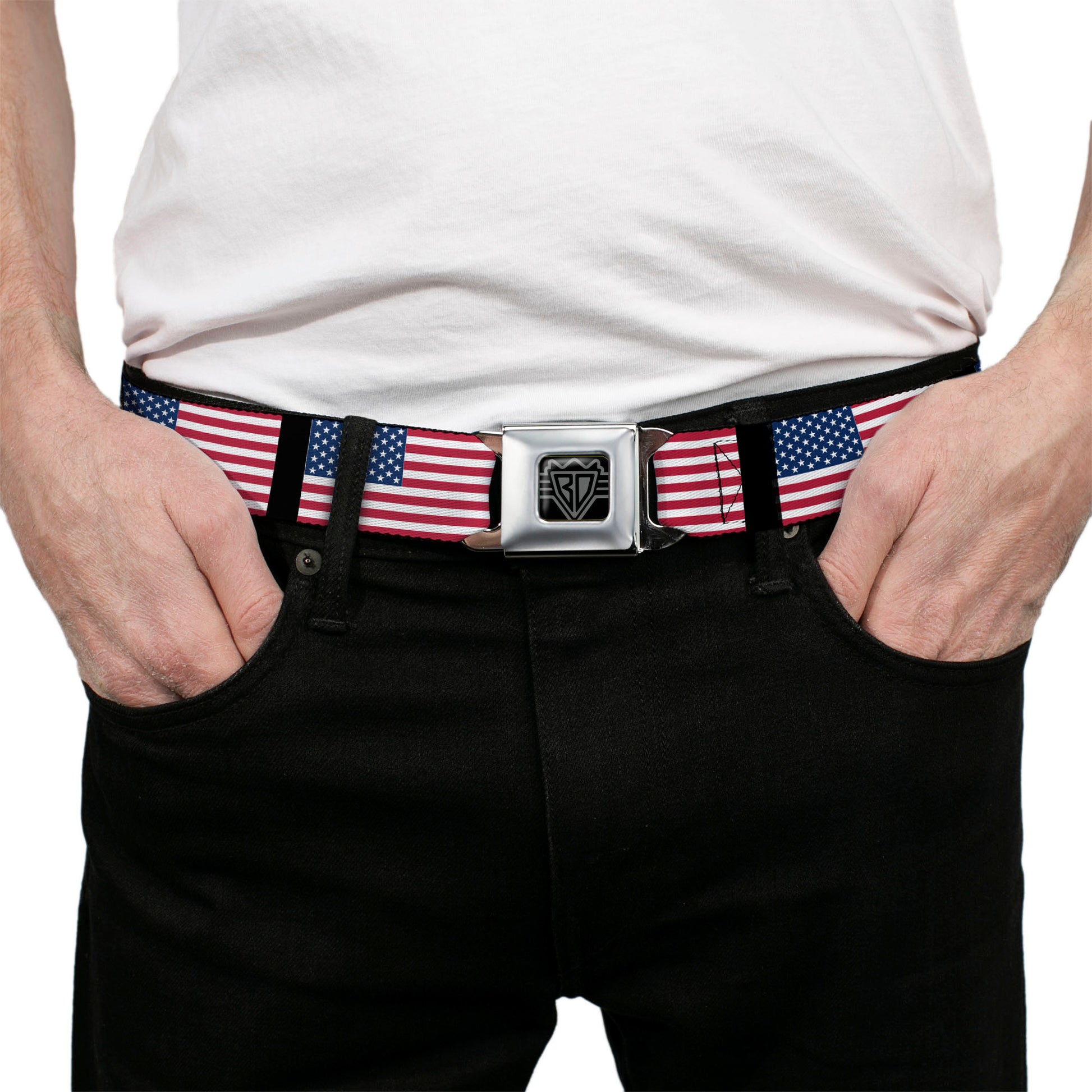 BD Wings Logo CLOSE-UP Full Color Black Silver Seatbelt Belt - United States Flags Webbing Seatbelt Belts Buckle-Down