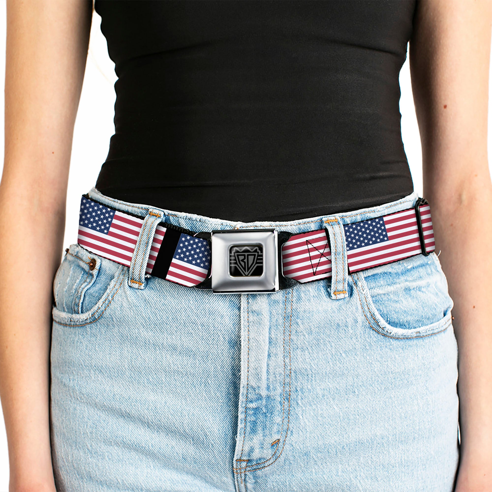 BD Wings Logo CLOSE-UP Full Color Black Silver Seatbelt Belt - United States Flags Webbing Seatbelt Belts Buckle-Down
