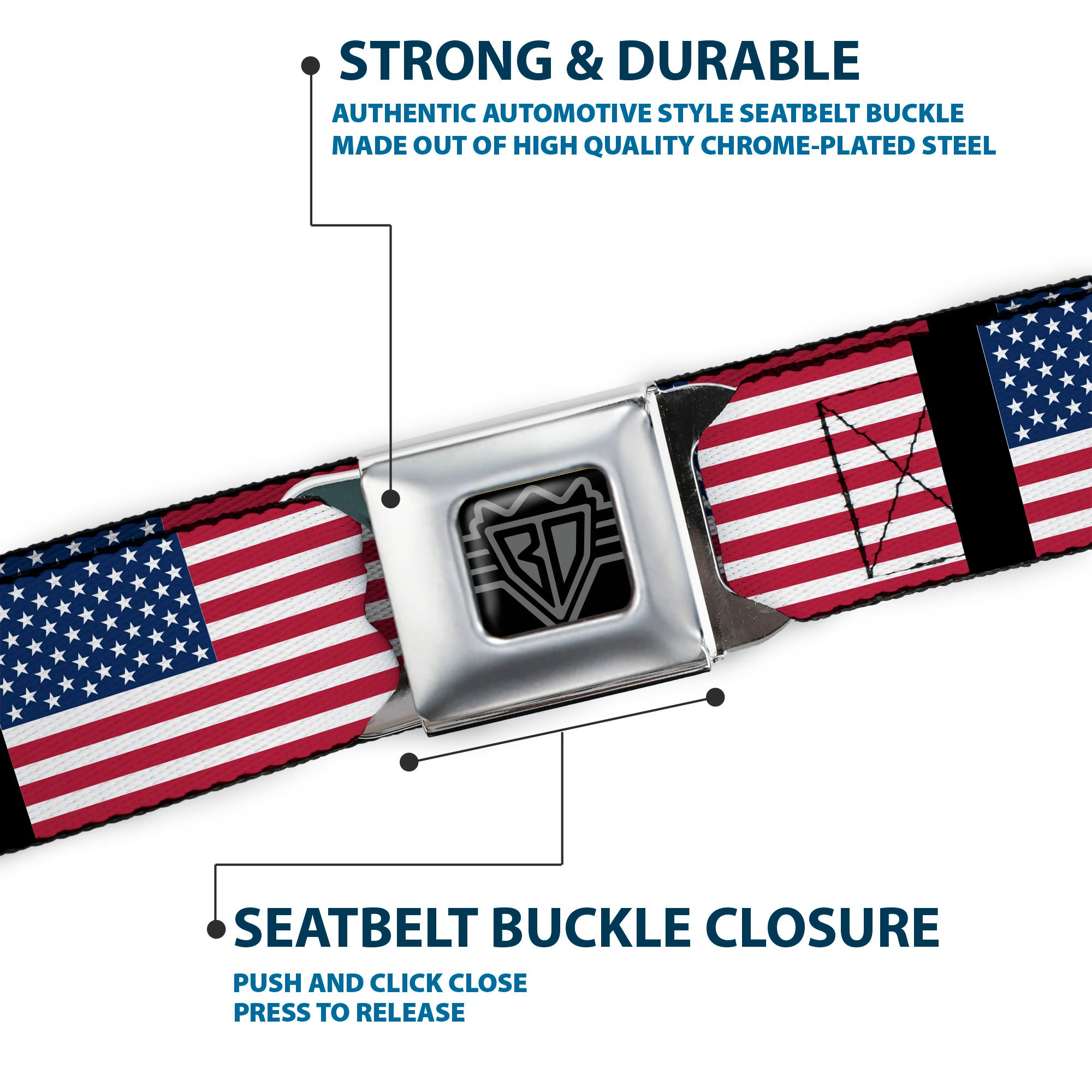 BD Wings Logo CLOSE-UP Full Color Black Silver Seatbelt Belt - United States Flags Webbing Seatbelt Belts Buckle-Down