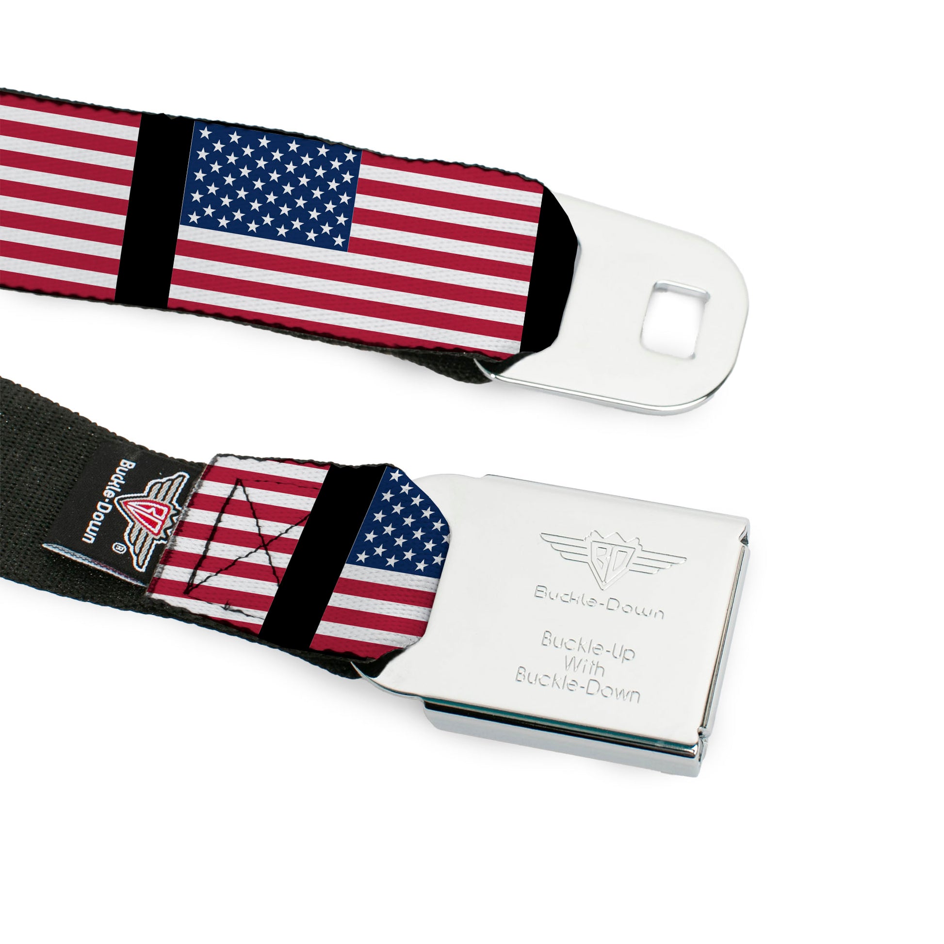 BD Wings Logo CLOSE-UP Full Color Black Silver Seatbelt Belt - United States Flags Webbing Seatbelt Belts Buckle-Down