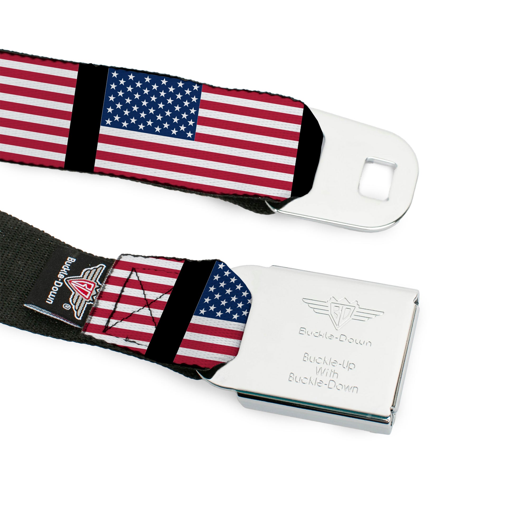 BD Wings Logo CLOSE-UP Full Color Black Silver Seatbelt Belt - United States Flags Webbing Seatbelt Belts Buckle-Down