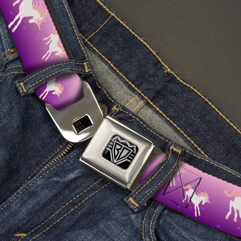 BD Wings Logo CLOSE-UP Full Color Black Silver Seatbelt Belt - Unicorn Sparkles Purple/Pink Webbing Seatbelt Belts Buckle-Down