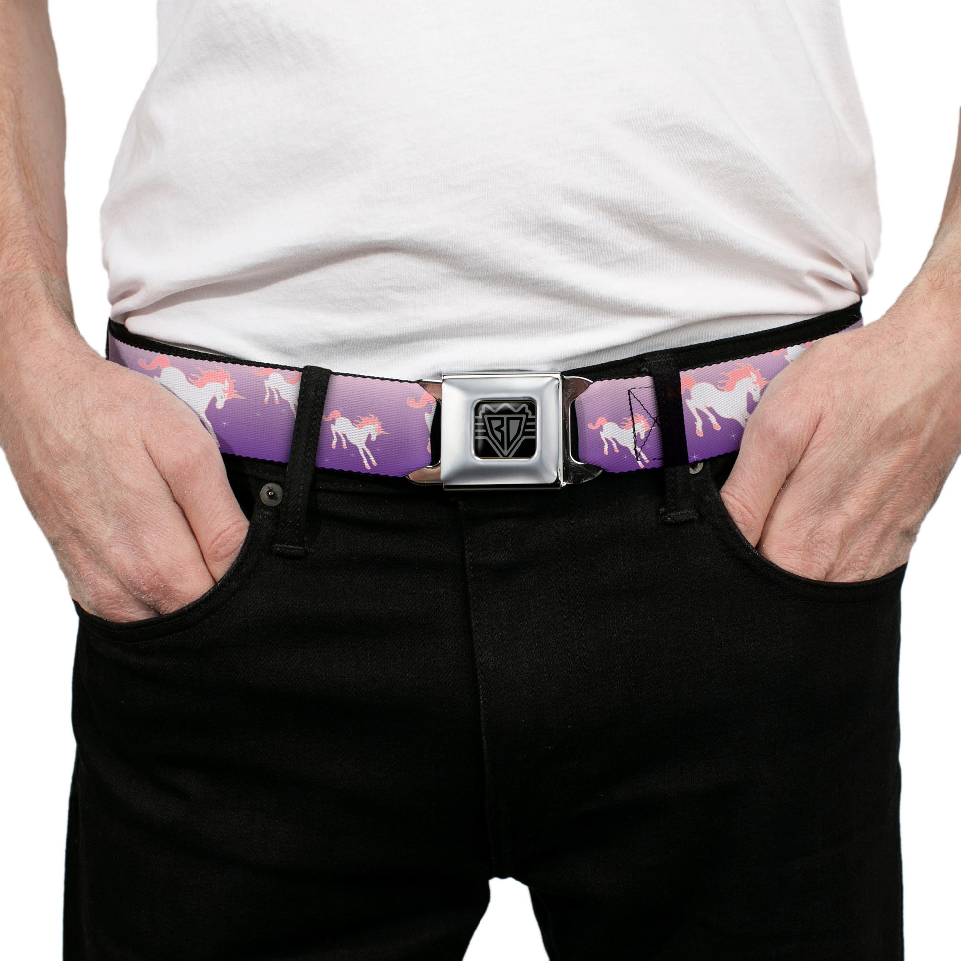 BD Wings Logo CLOSE-UP Full Color Black Silver Seatbelt Belt - Unicorn Sparkles Purple/Pink Webbing Seatbelt Belts Buckle-Down