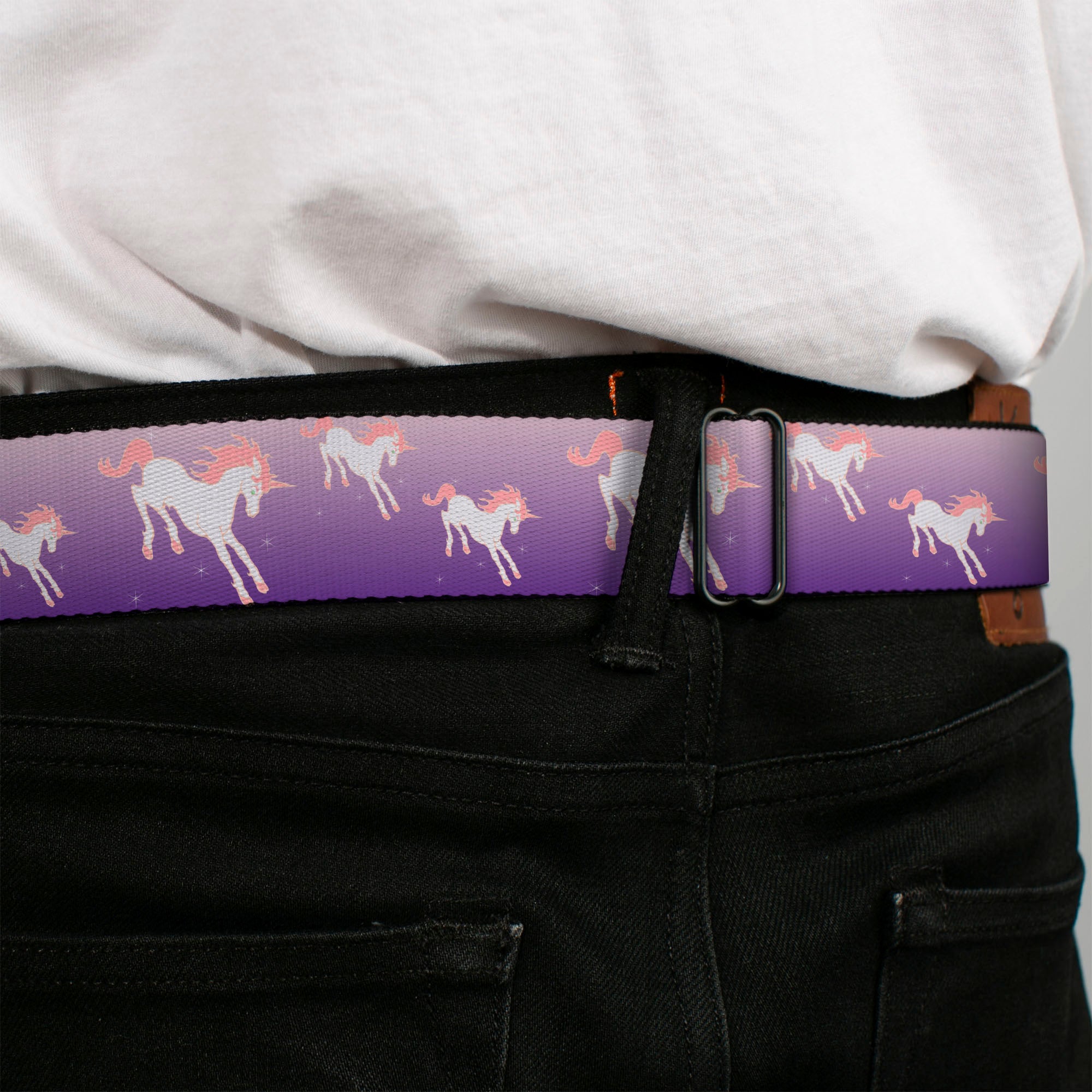 BD Wings Logo CLOSE-UP Full Color Black Silver Seatbelt Belt - Unicorn Sparkles Purple/Pink Webbing Seatbelt Belts Buckle-Down
