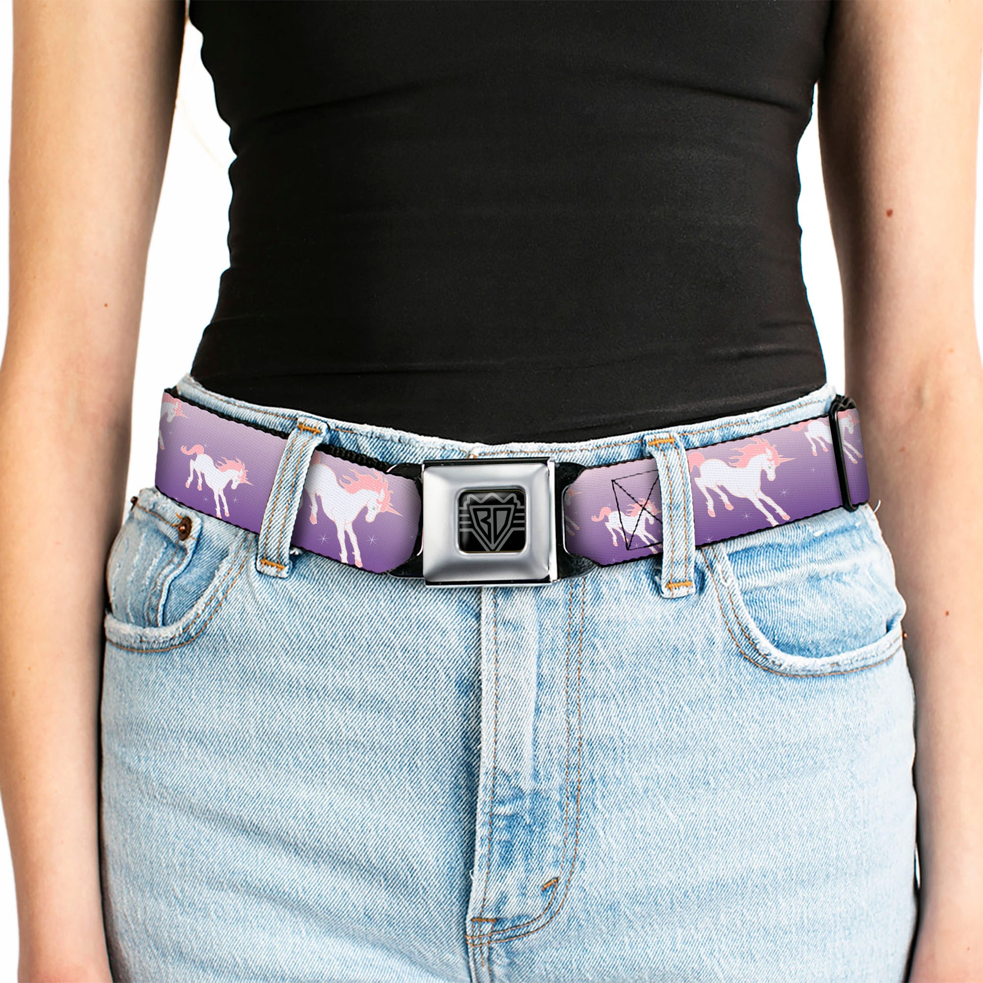 BD Wings Logo CLOSE-UP Full Color Black Silver Seatbelt Belt - Unicorn Sparkles Purple/Pink Webbing Seatbelt Belts Buckle-Down