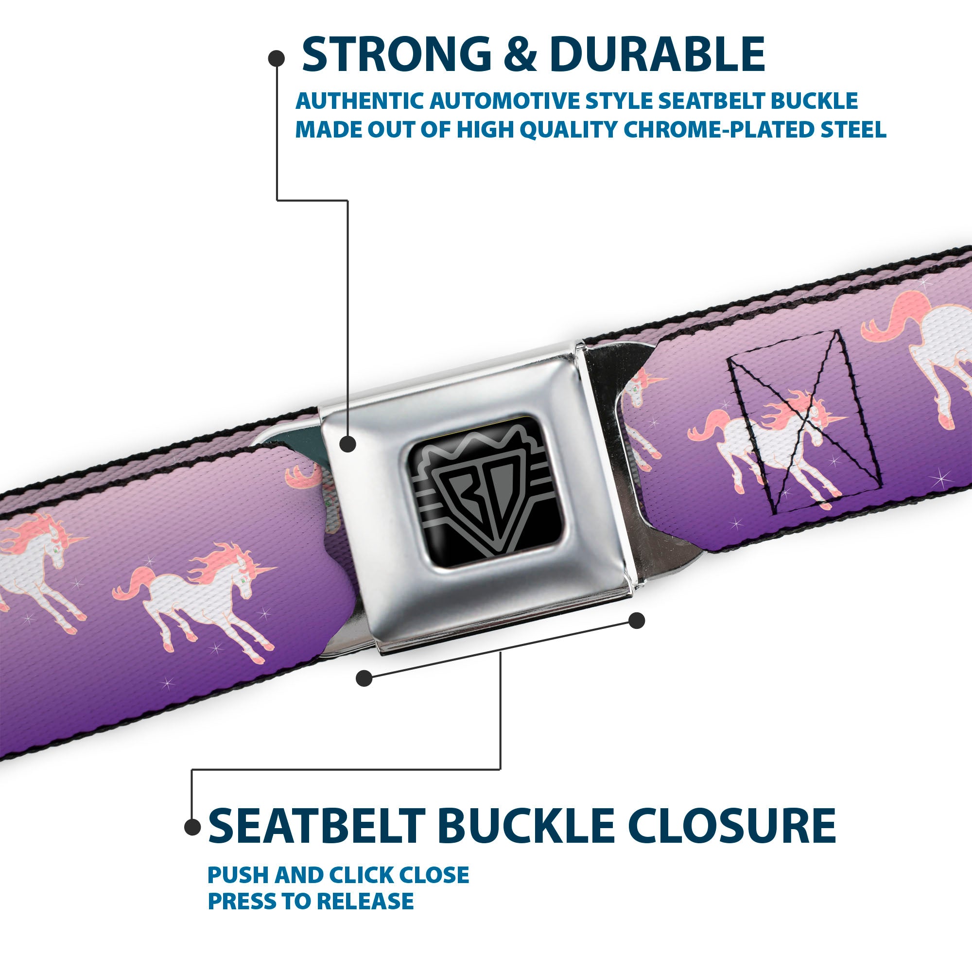 BD Wings Logo CLOSE-UP Full Color Black Silver Seatbelt Belt - Unicorn Sparkles Purple/Pink Webbing Seatbelt Belts Buckle-Down
