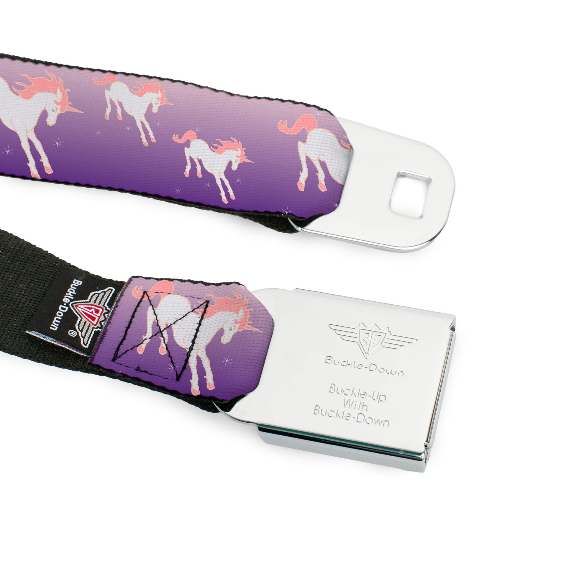 BD Wings Logo CLOSE-UP Full Color Black Silver Seatbelt Belt - Unicorn Sparkles Purple/Pink Webbing Seatbelt Belts Buckle-Down