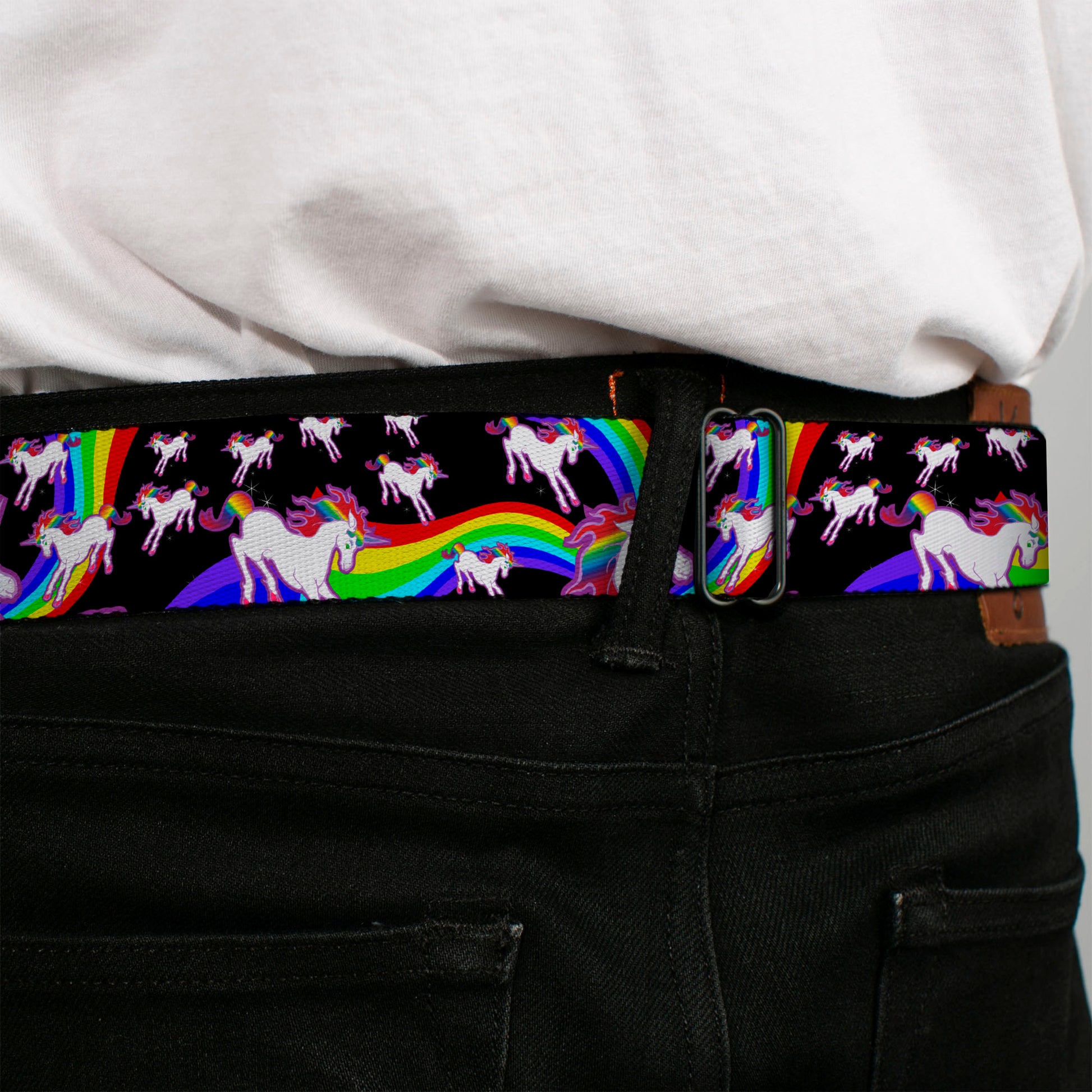 BD Wings Logo CLOSE-UP Full Color Black Silver Seatbelt Belt - Unicorns/Rainbow Swirl Black Webbing Seatbelt Belts Buckle-Down