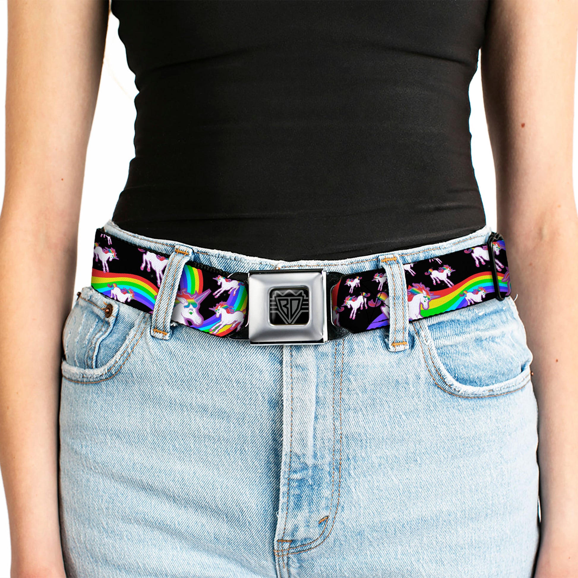 BD Wings Logo CLOSE-UP Full Color Black Silver Seatbelt Belt - Unicorns/Rainbow Swirl Black Webbing Seatbelt Belts Buckle-Down