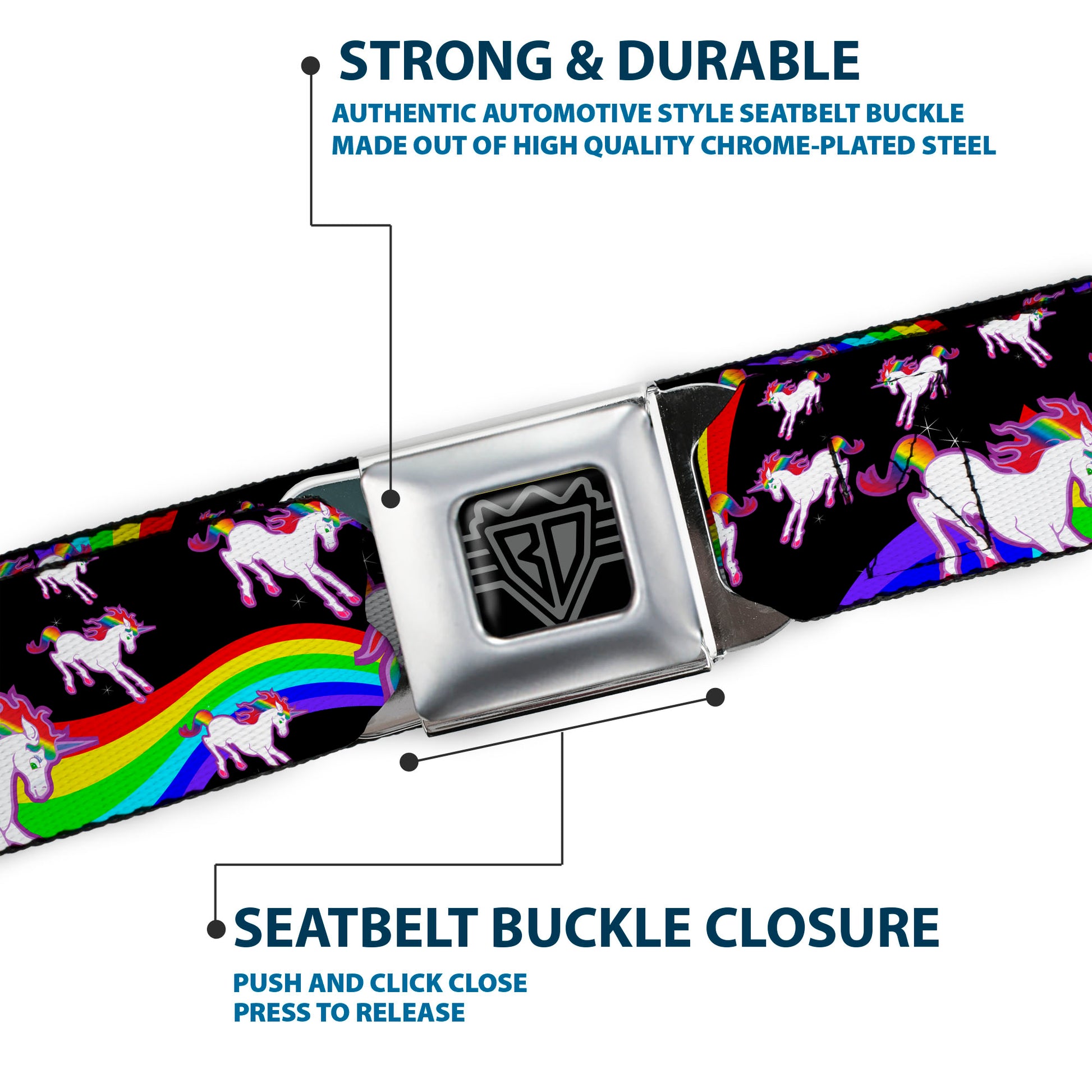 BD Wings Logo CLOSE-UP Full Color Black Silver Seatbelt Belt - Unicorns/Rainbow Swirl Black Webbing Seatbelt Belts Buckle-Down