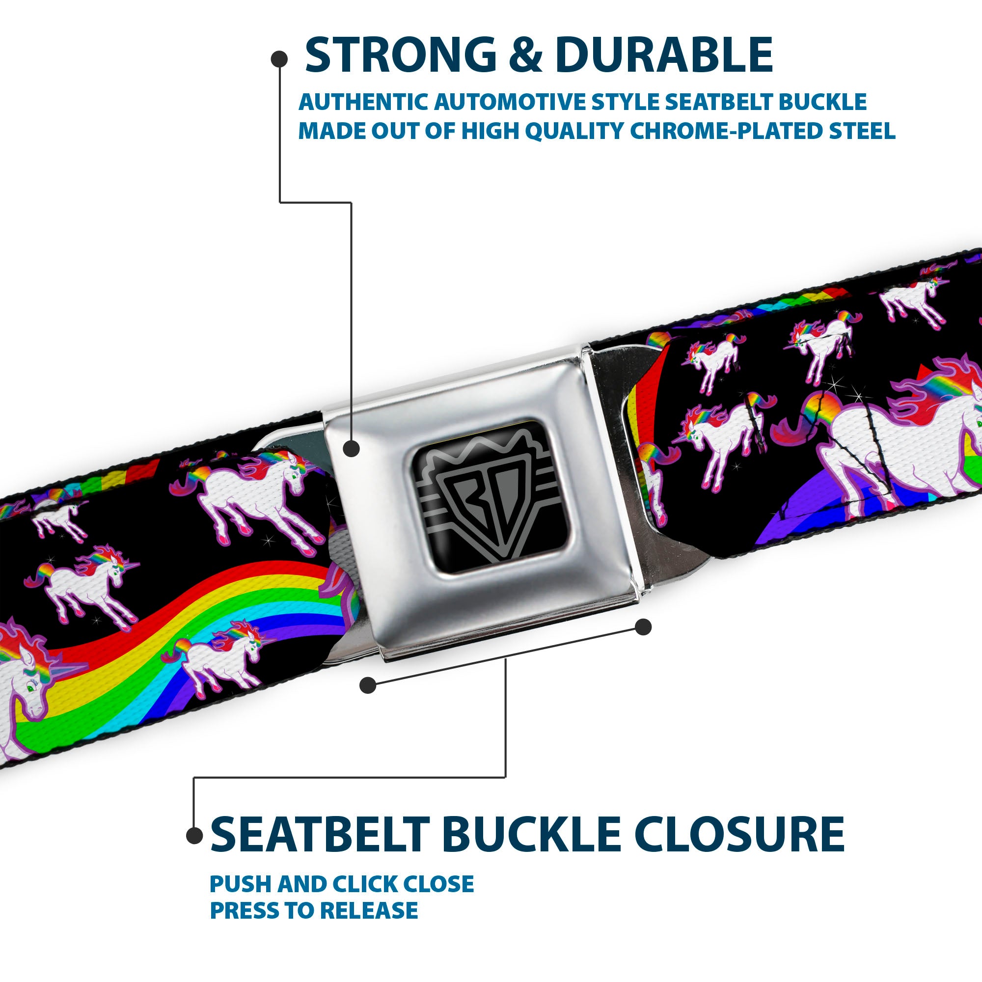BD Wings Logo CLOSE-UP Full Color Black Silver Seatbelt Belt - Unicorns/Rainbow Swirl Black Webbing Seatbelt Belts Buckle-Down