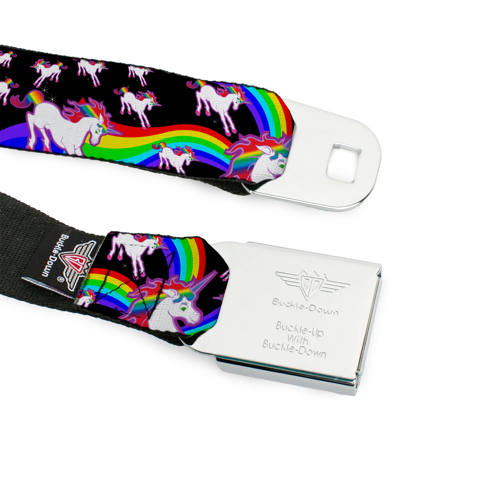 BD Wings Logo CLOSE-UP Full Color Black Silver Seatbelt Belt - Unicorns/Rainbow Swirl Black Webbing Seatbelt Belts Buckle-Down