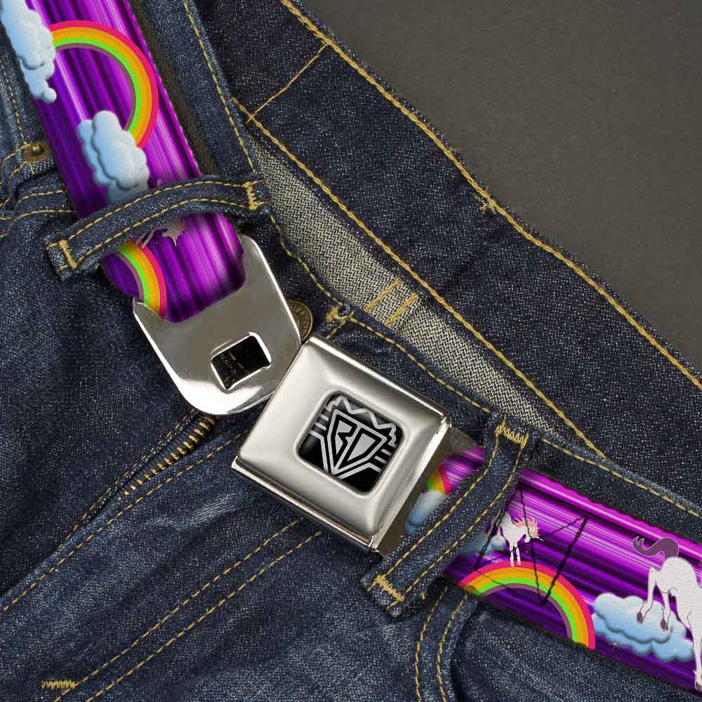 BD Wings Logo CLOSE-UP Full Color Black Silver Seatbelt Belt - Unicorns/Rainbows w/Stripes Purple Webbing Seatbelt Belts Buckle-Down