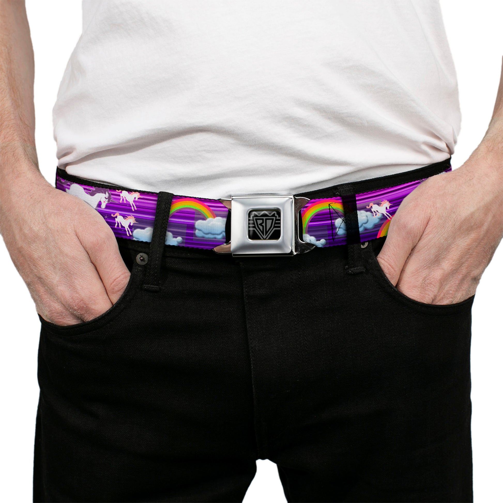 BD Wings Logo CLOSE-UP Full Color Black Silver Seatbelt Belt - Unicorns/Rainbows w/Stripes Purple Webbing Seatbelt Belts Buckle-Down