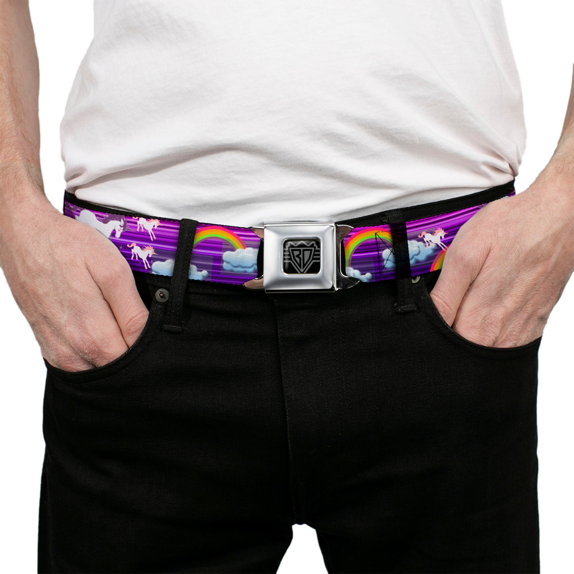 BD Wings Logo CLOSE-UP Full Color Black Silver Seatbelt Belt - Unicorns/Rainbows w/Stripes Purple Webbing Seatbelt Belts Buckle-Down