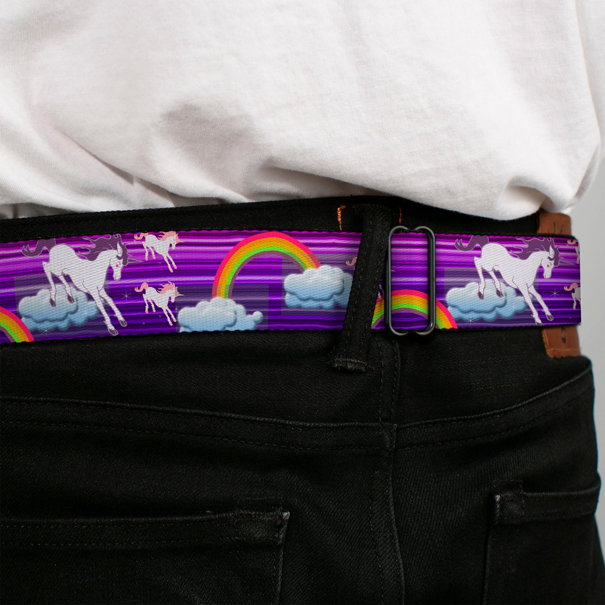 BD Wings Logo CLOSE-UP Full Color Black Silver Seatbelt Belt - Unicorns/Rainbows w/Stripes Purple Webbing Seatbelt Belts Buckle-Down