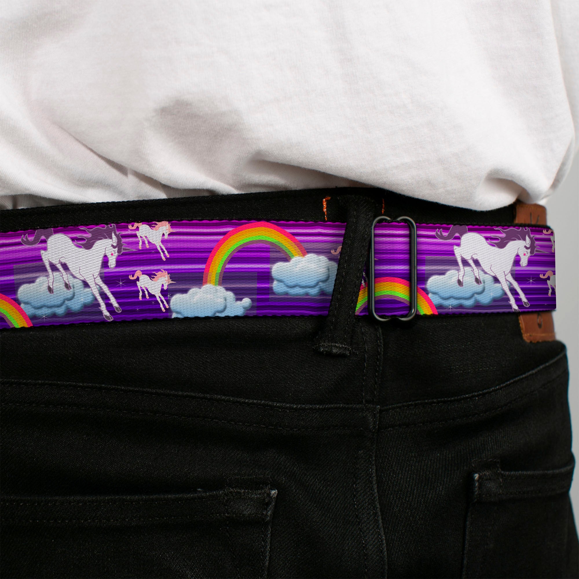 BD Wings Logo CLOSE-UP Full Color Black Silver Seatbelt Belt - Unicorns/Rainbows w/Stripes Purple Webbing Seatbelt Belts Buckle-Down