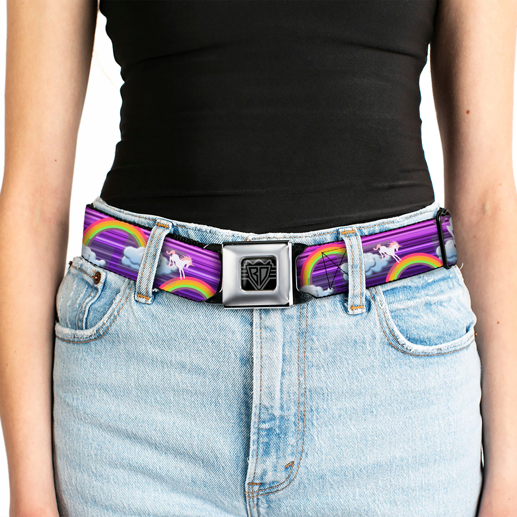 BD Wings Logo CLOSE-UP Full Color Black Silver Seatbelt Belt - Unicorns/Rainbows w/Stripes Purple Webbing Seatbelt Belts Buckle-Down