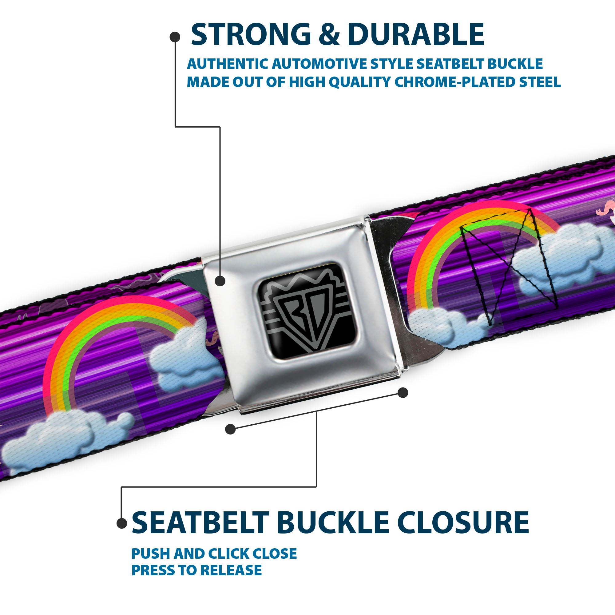 BD Wings Logo CLOSE-UP Full Color Black Silver Seatbelt Belt - Unicorns/Rainbows w/Stripes Purple Webbing Seatbelt Belts Buckle-Down