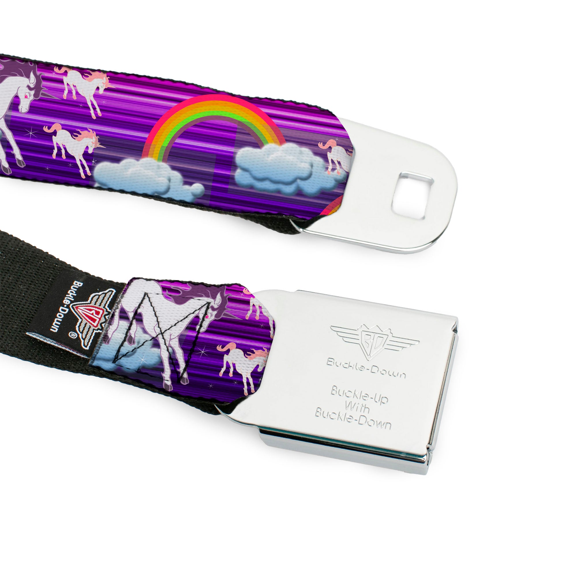 BD Wings Logo CLOSE-UP Full Color Black Silver Seatbelt Belt - Unicorns/Rainbows w/Stripes Purple Webbing Seatbelt Belts Buckle-Down